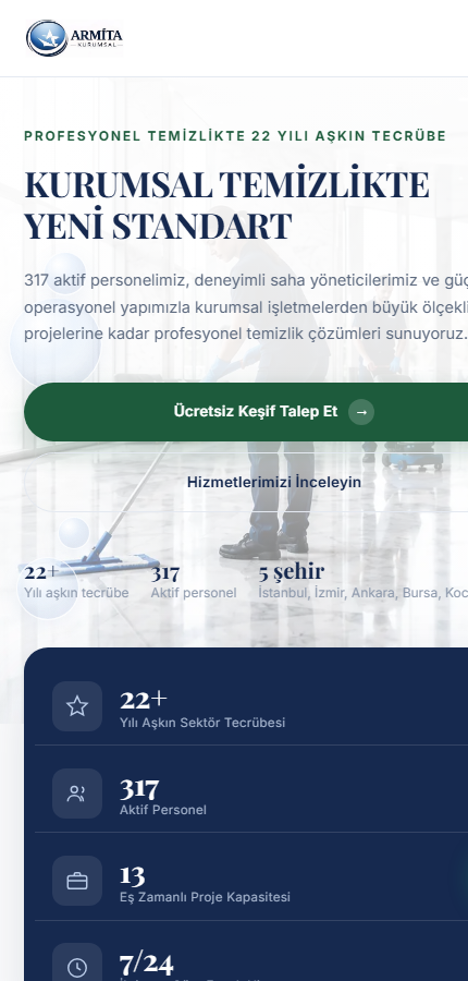 Armita Kurumsal web sitesinin mobil görünümü